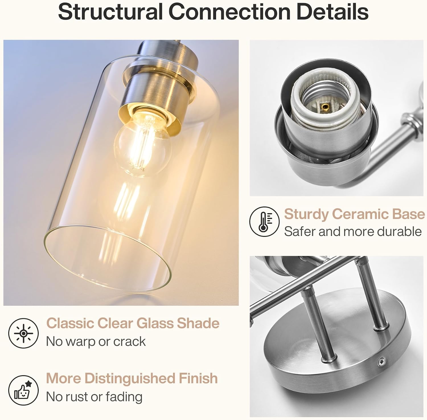 3-Light Bathroom Wall Sconce with Adjustable Heads, Brushed Nickel & Glass Vanity Light Fixture, Up & Down Mount Wall Lighting for Bathroom, Bedroom & Vanity