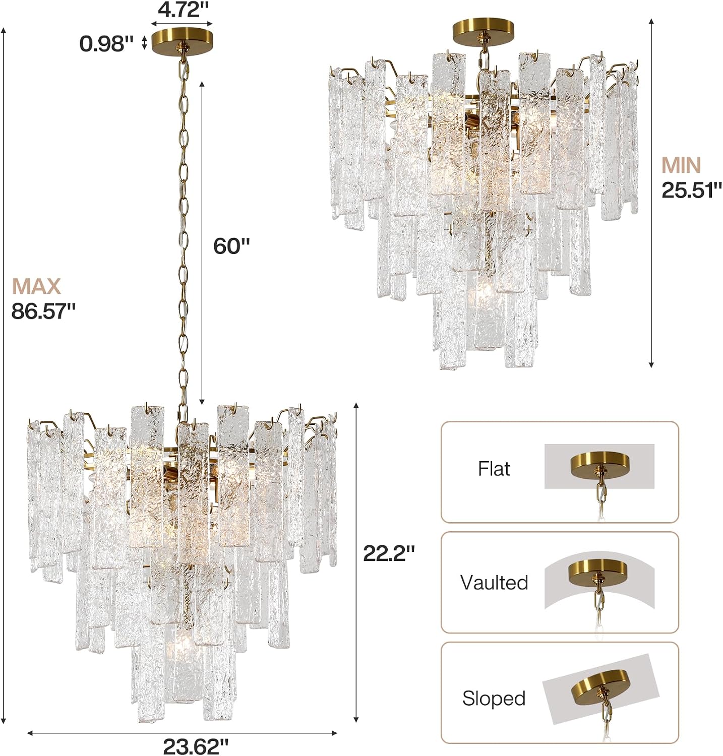 Tiered Modern Chandelier Light with Ripple Glass Shades, Gold Finish Pendant Ceiling Fixture for Dining Room, Living Room & Entryway