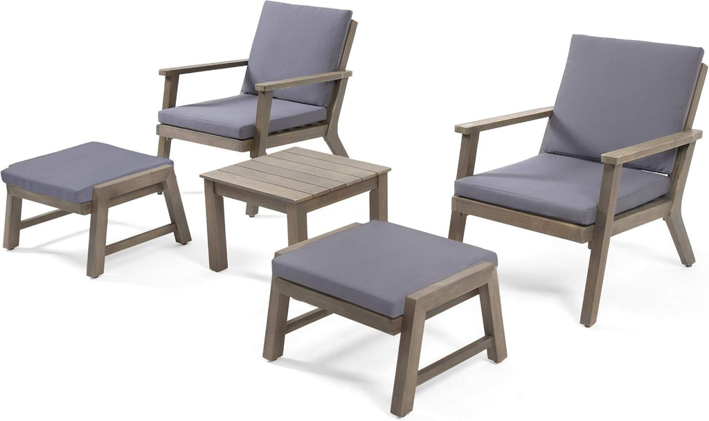 Mid-Century Modern 5-Piece Acacia Wood Patio Furniture Set with Chairs, Ottomans & Side Table, Outdoor Seating Set for Patio, Garden & Deck