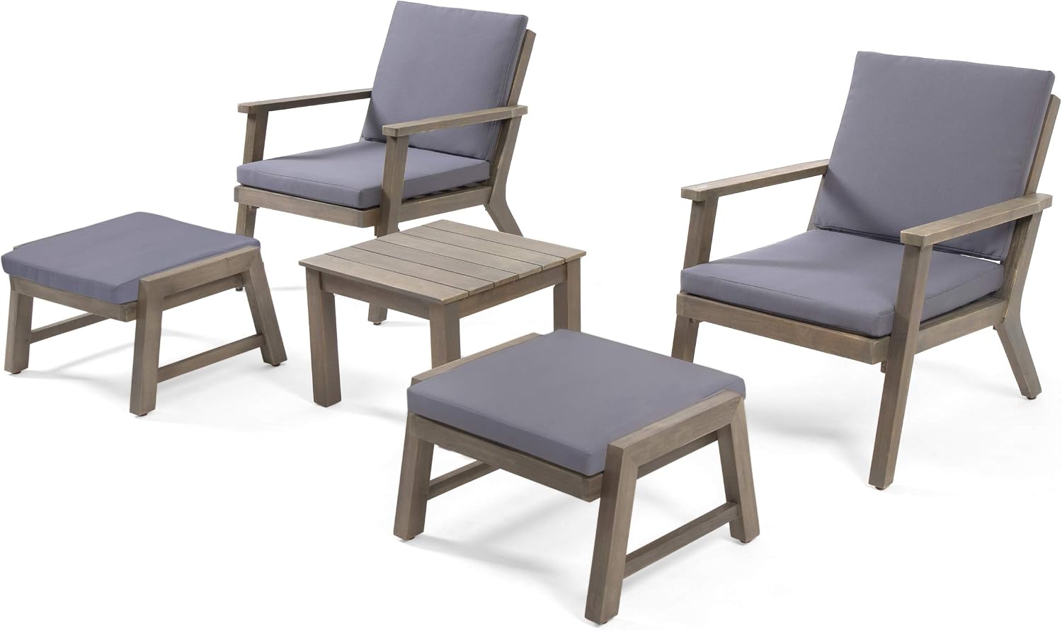 Mid-Century Modern 5-Piece Acacia Wood Patio Furniture Set with Chairs, Ottomans & Side Table, Outdoor Seating Set for Patio, Garden & Deck