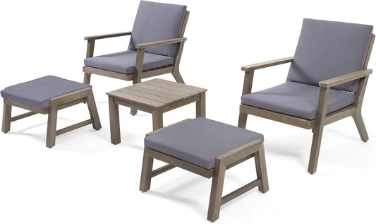 Mid-Century Modern 5-Piece Acacia Wood Patio Furniture Set with Chairs, Ottomans & Side Table, Outdoor Seating Set for Patio, Garden & Deck
