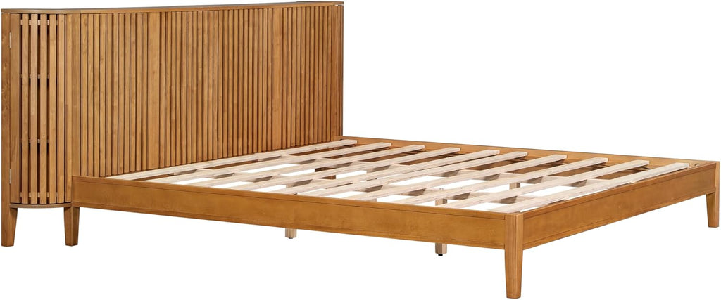 King Solid Wood Platform Bed Frame with Slat Headboard & Side Storage Cabinets, No Box Spring Needed, Modern Bedroom Bed with Display Shelf