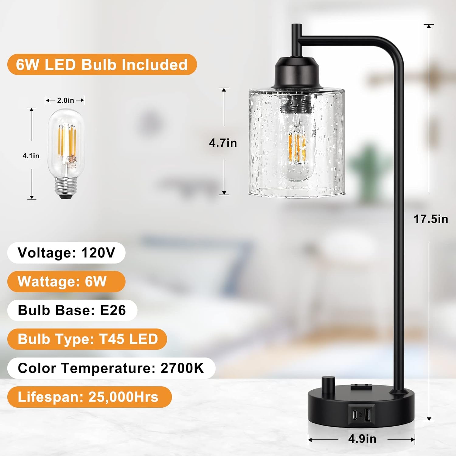 Stepless Dimmable Industrial Table Lamp with USB-C, USB & AC Outlet Charging Ports, Vintage Bedside Desk Lamp with LED Bulb for Bedroom, Office & Living Room