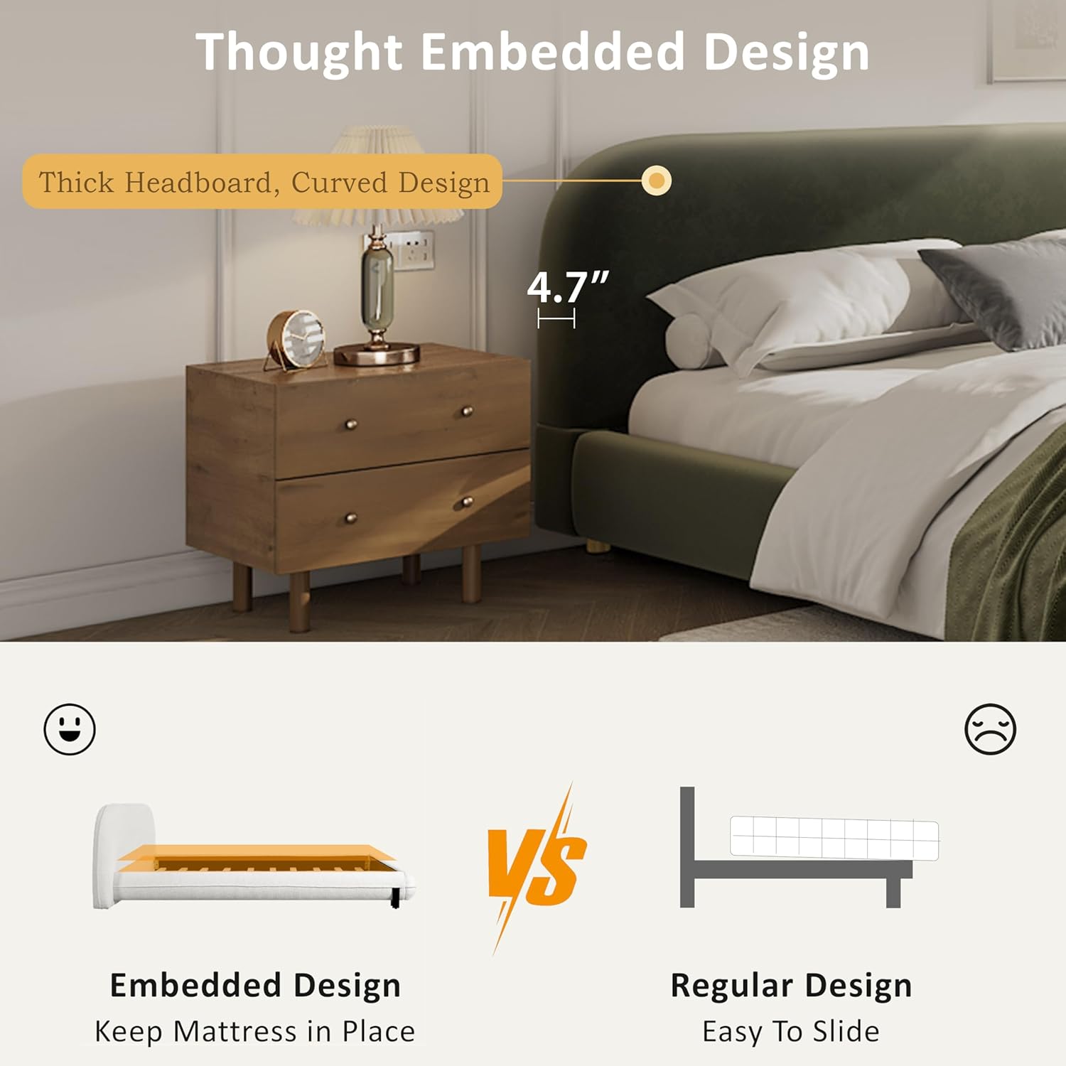 Boucle Upholstered Platform Bed Frame with Soft Headboard, Metal & Wood Slat Support Bed, No Box Spring Needed, Easy Assembly Bedroom Bed Frame