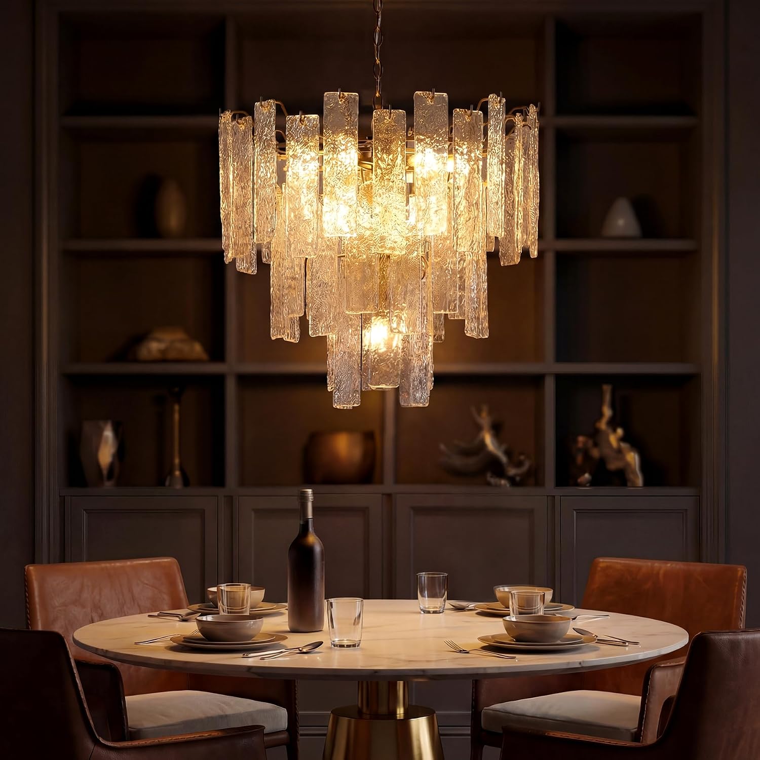 Tiered Modern Chandelier Light with Ripple Glass Shades, Gold Finish Pendant Ceiling Fixture for Dining Room, Living Room & Entryway