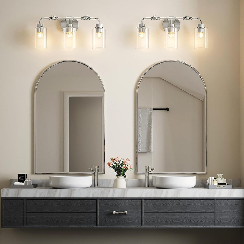 3-Light Bathroom Wall Sconce with Adjustable Heads, Brushed Nickel & Glass Vanity Light Fixture, Up & Down Mount Wall Lighting for Bathroom, Bedroom & Vanity