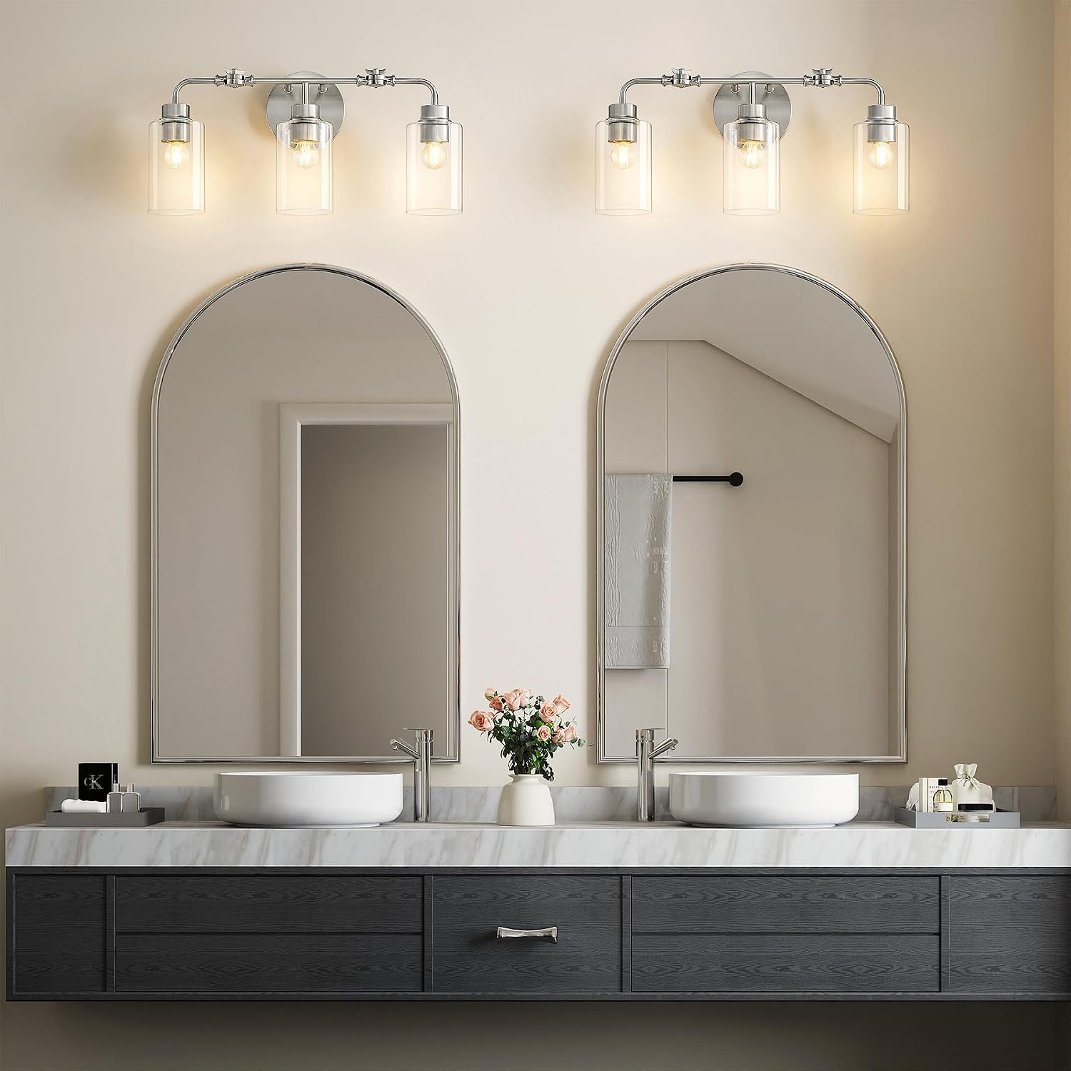 3-Light Bathroom Wall Sconce with Adjustable Heads, Brushed Nickel & Glass Vanity Light Fixture, Up & Down Mount Wall Lighting for Bathroom, Bedroom & Vanity