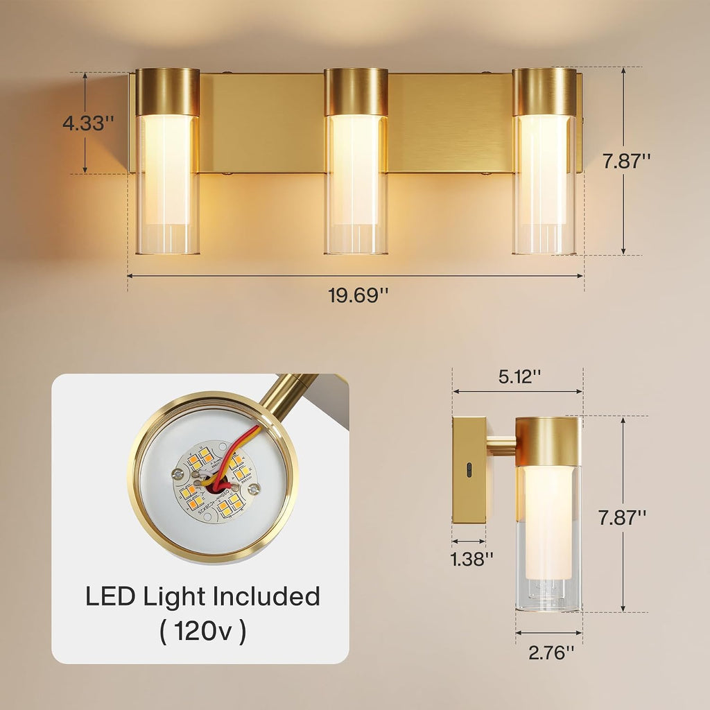 3-Light LED Bathroom Vanity Light with Adjustable Color Temperature (3000K–6000K), Modern Glass Wall Sconce for Bathroom, Bedroom & Dressing Area