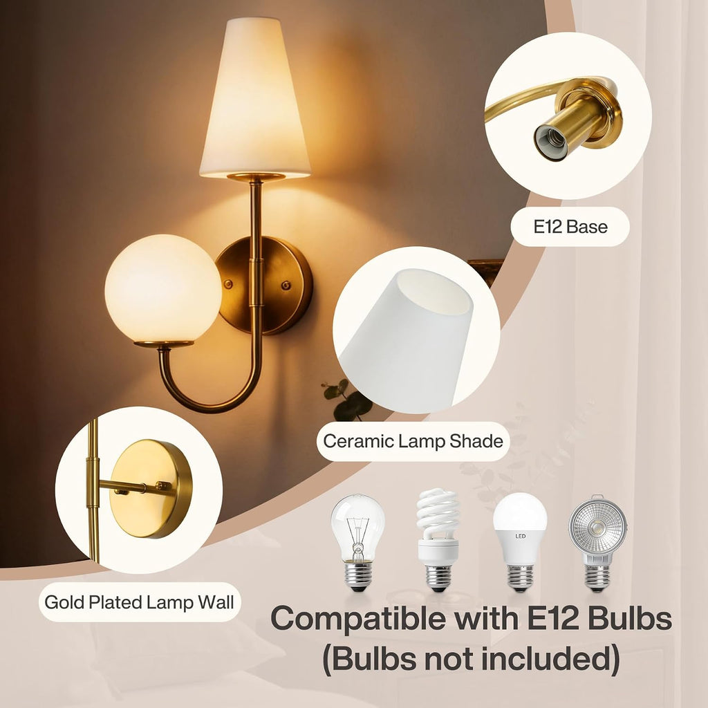 Dual-Head Wall Sconce with Gold Metal Finish, Modern Glass Shade Wall Light Fixture for Bedroom, Living Room & Hallway, E12 Base