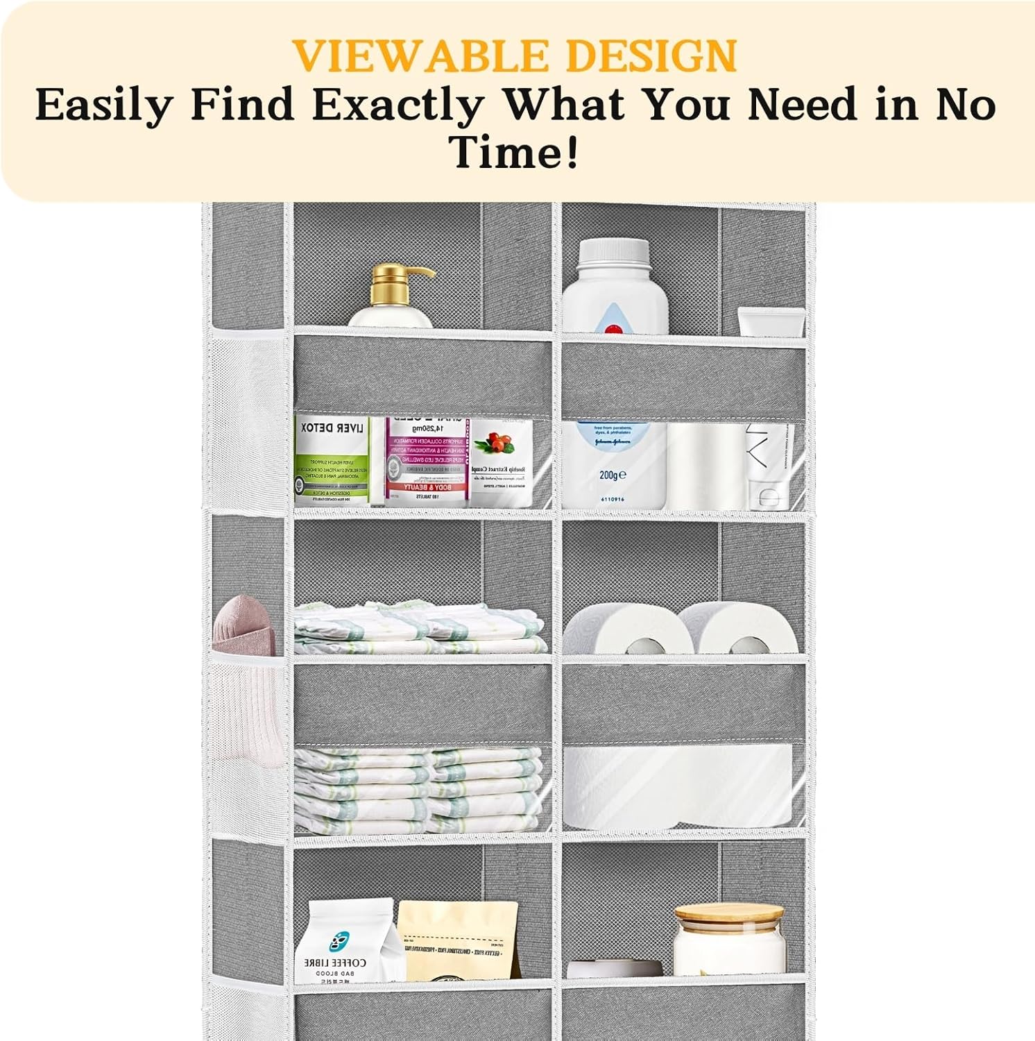6-Tier Over-the-Door Storage Organizer with 12 Compartments & Side Mesh Pockets, Hanging Closet Door Storage Rack for Bedroom, Bathroom, Kitchen & Nursery