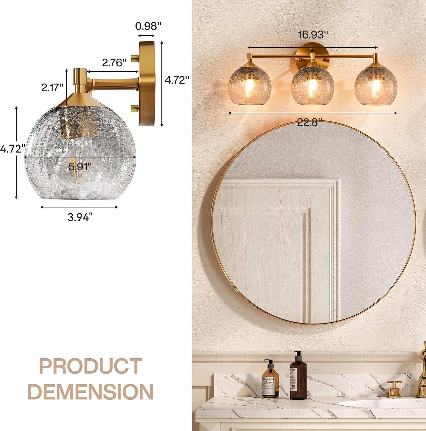 Bathroom Vanity Wall Sconce with Glass Shade, Brushed Nickel Wall Light Fixture, Up & Down Mount Lighting for Bathroom, Bedroom, Hallway & Living Room, E26 Base