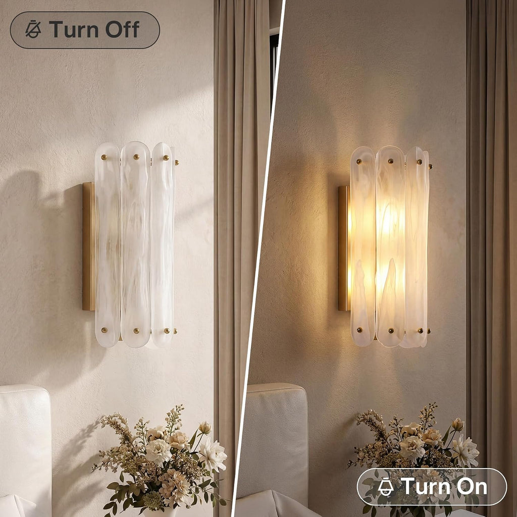 Cloud Glass Wall Sconce, 2-Light Brass Gold Vanity Wall Lamp, Modern Ambient Lighting for Bedroom Bathroom Hallway