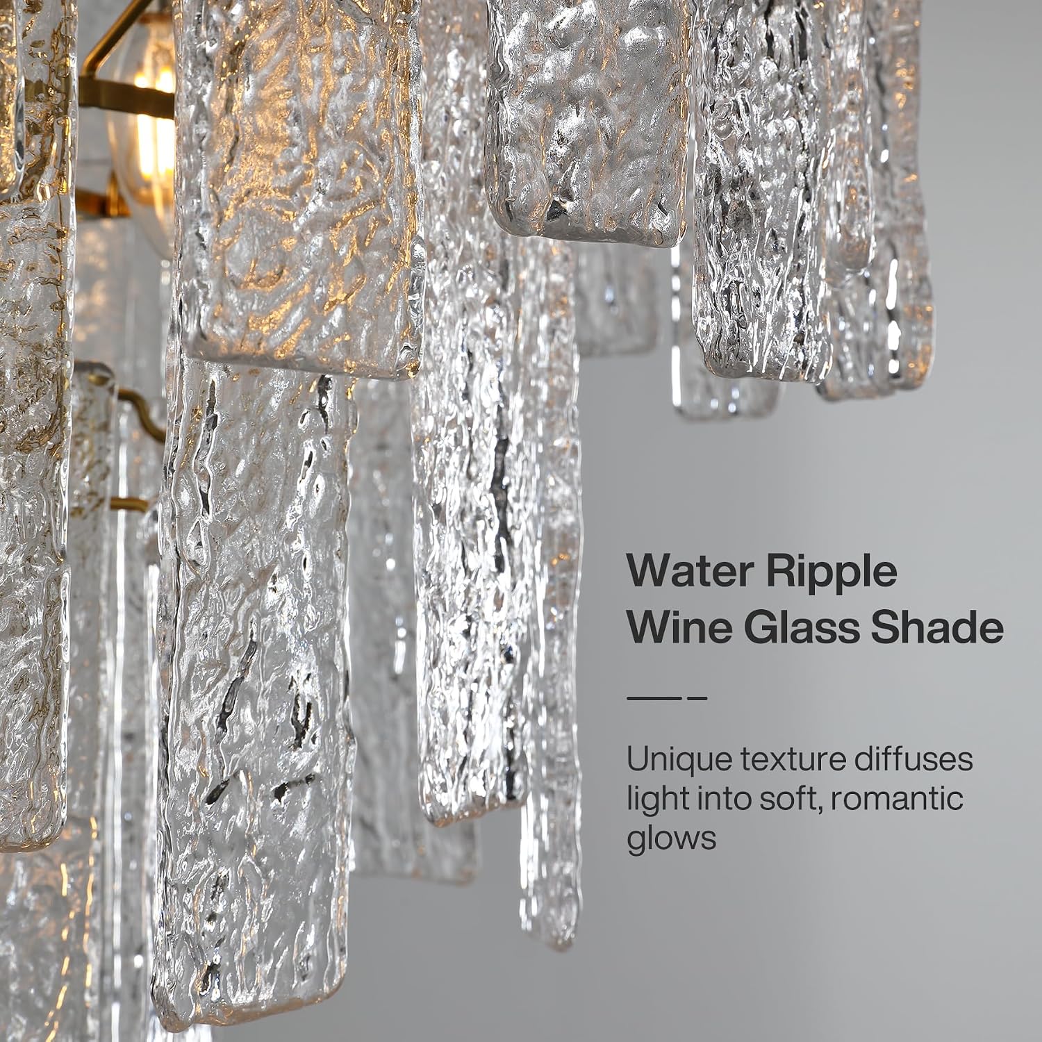 Tiered Modern Chandelier Light with Ripple Glass Shades, Gold Finish Pendant Ceiling Fixture for Dining Room, Living Room & Entryway