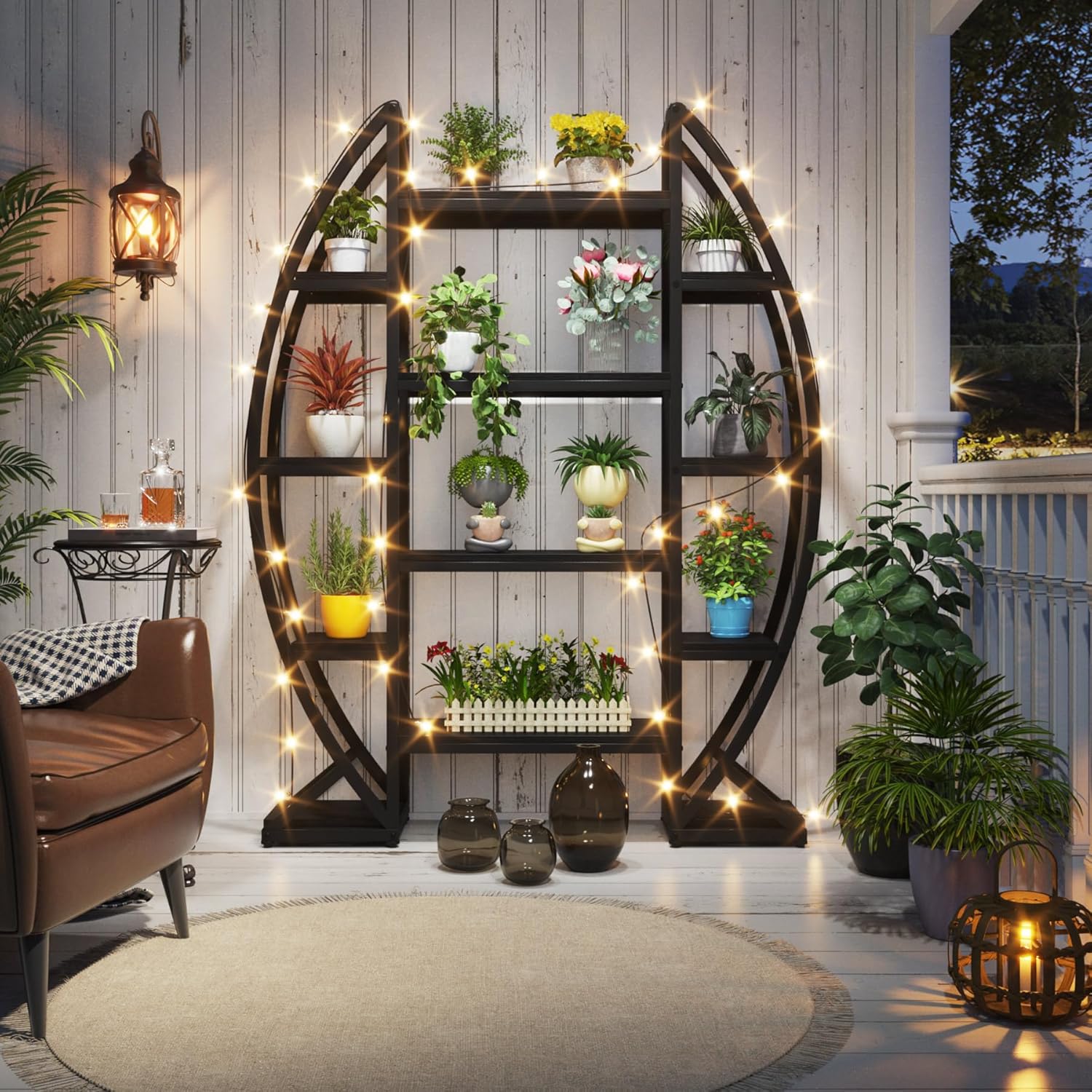 5-Tier Plant Stand with 12 Shelves, Large Half-Moon Metal & Wood Display Rack for Indoor Plants, Books & Decor Storage