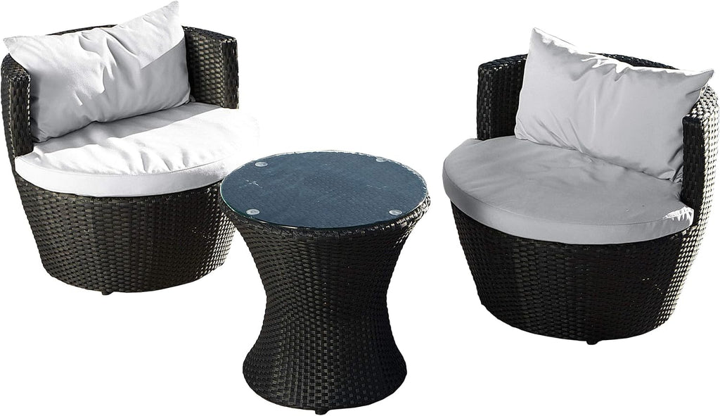 Outdoor PE Wicker Patio Chairs Set with Cushions & Table, Ready-to-Use Backyard Seating Set, Black Frame with White Cushions, No Assembly Required