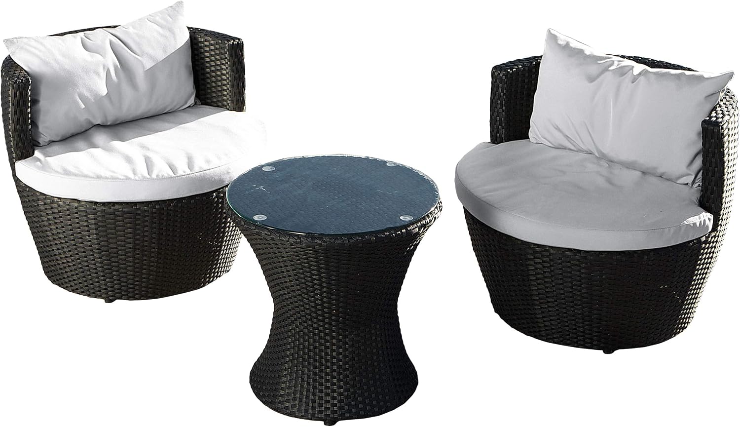 Outdoor PE Wicker Patio Chairs Set with Cushions & Table, Ready-to-Use Backyard Seating Set, Black Frame with White Cushions, No Assembly Required