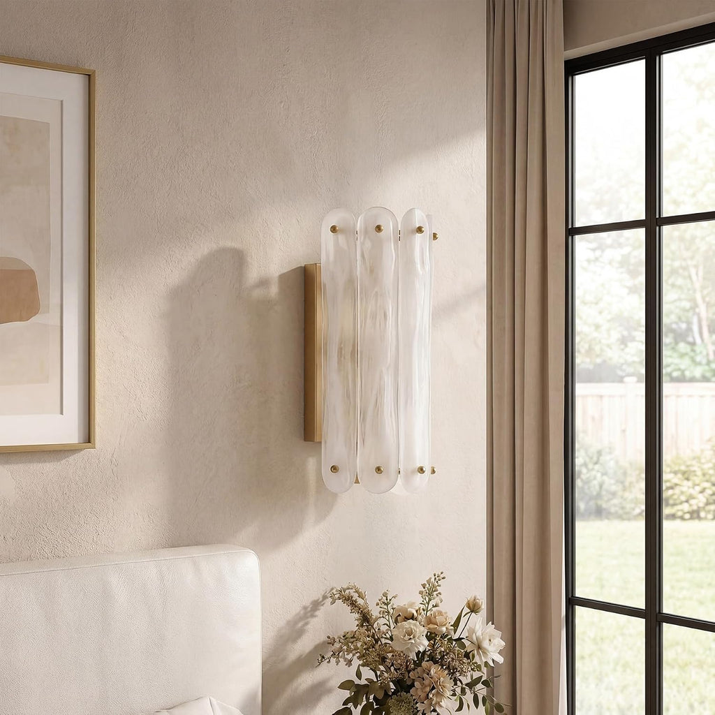 Cloud Glass Wall Sconce, 2-Light Brass Gold Vanity Wall Lamp, Modern Ambient Lighting for Bedroom Bathroom Hallway