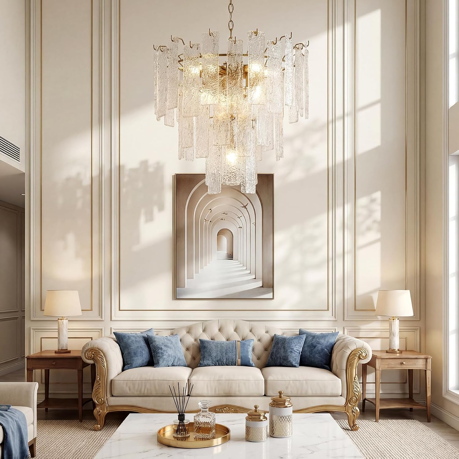 Tiered Modern Chandelier Light with Ripple Glass Shades, Gold Finish Pendant Ceiling Fixture for Dining Room, Living Room & Entryway