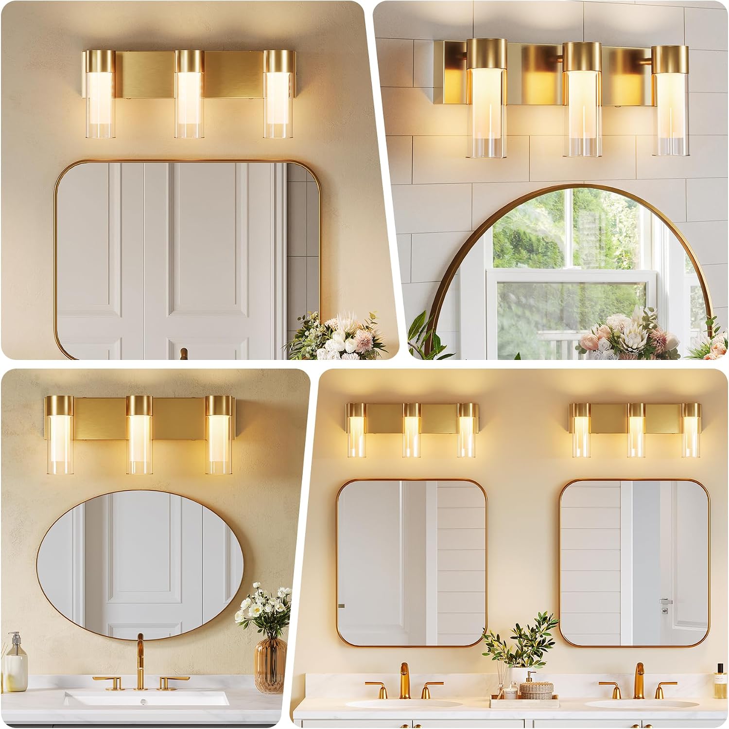 3-Light LED Bathroom Vanity Light with Adjustable Color Temperature (3000K–6000K), Modern Glass Wall Sconce for Bathroom, Bedroom & Dressing Area