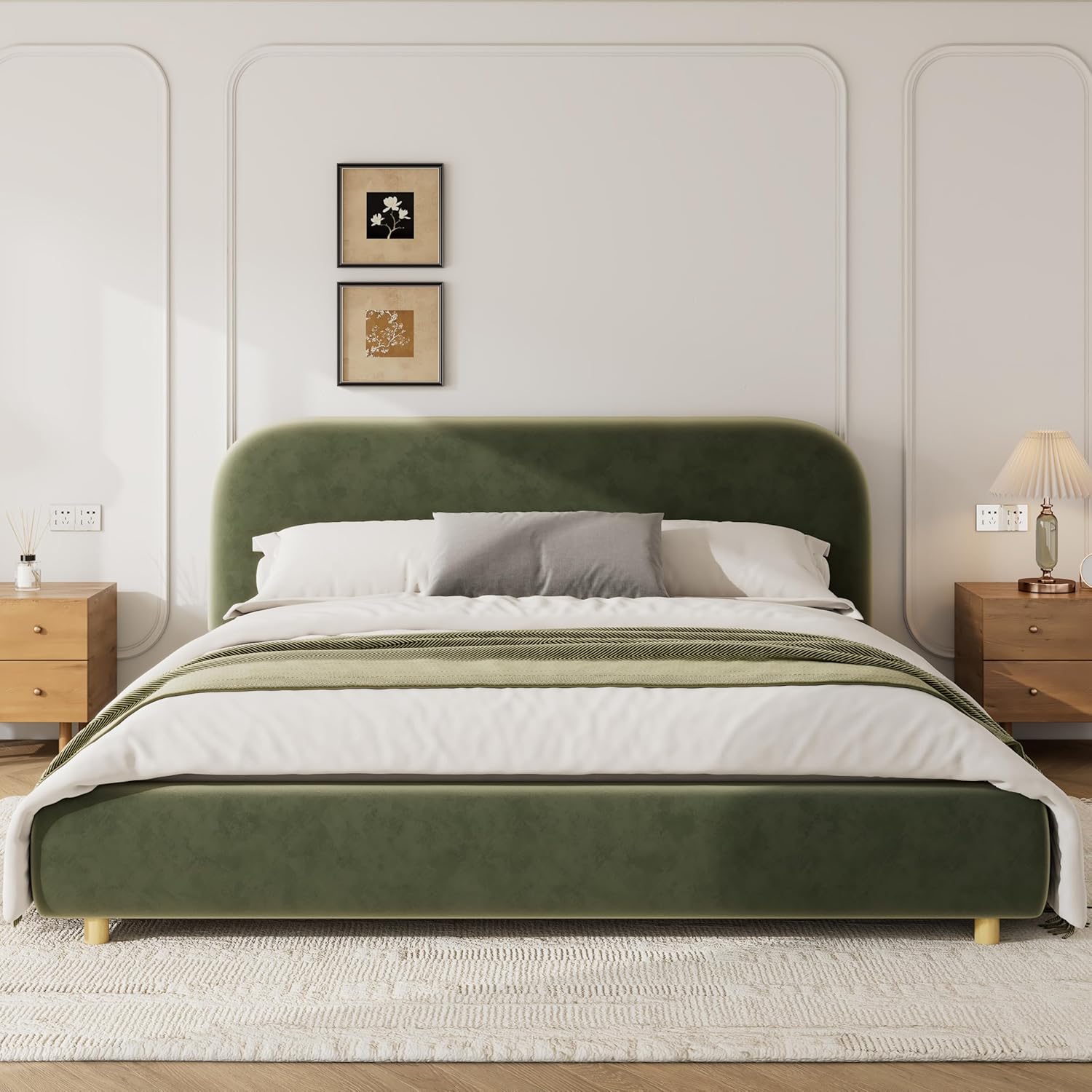 Boucle Upholstered Platform Bed Frame with Soft Headboard, Metal & Wood Slat Support Bed, No Box Spring Needed, Easy Assembly Bedroom Bed Frame