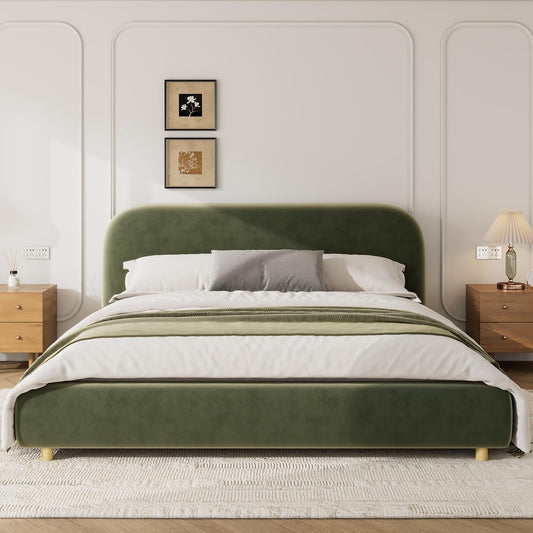 Boucle Upholstered Platform Bed Frame with Soft Headboard, Metal & Wood Slat Support Bed, No Box Spring Needed, Easy Assembly Bedroom Bed Frame