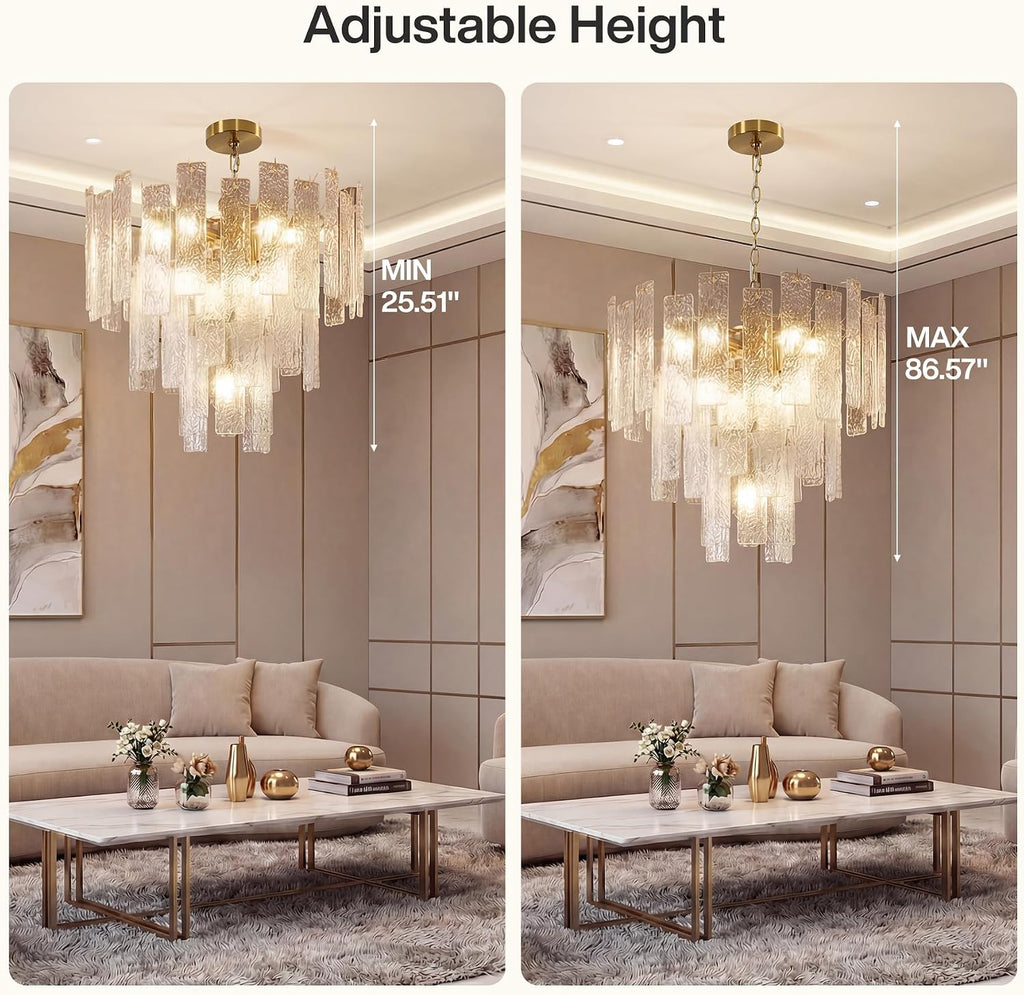 Tiered Modern Chandelier Light with Ripple Glass Shades, Gold Finish Pendant Ceiling Fixture for Dining Room, Living Room & Entryway