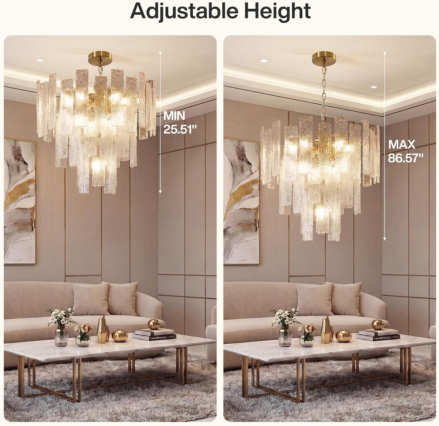 Tiered Modern Chandelier Light with Ripple Glass Shades, Gold Finish Pendant Ceiling Fixture for Dining Room, Living Room & Entryway