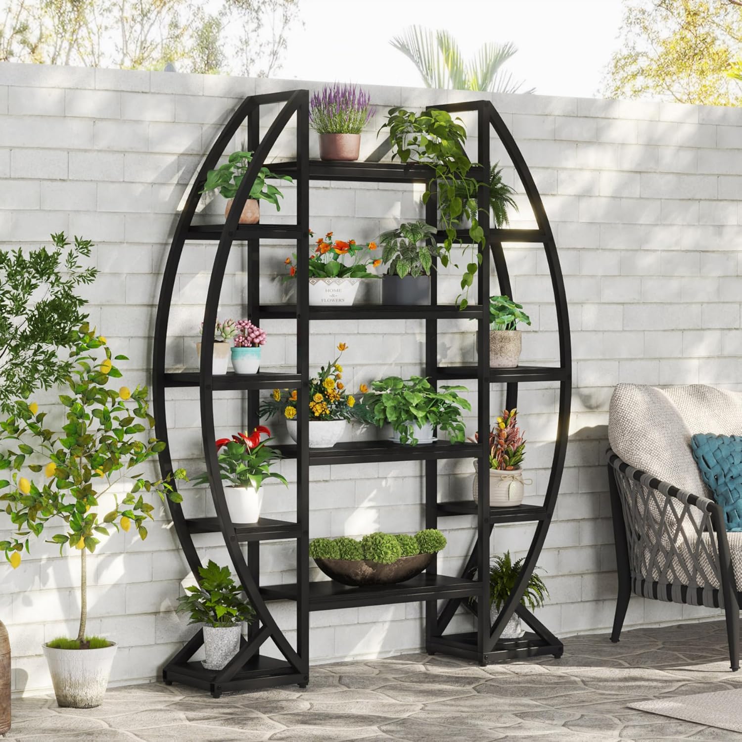 5-Tier Plant Stand with 12 Shelves, Large Half-Moon Metal & Wood Display Rack for Indoor Plants, Books & Decor Storage