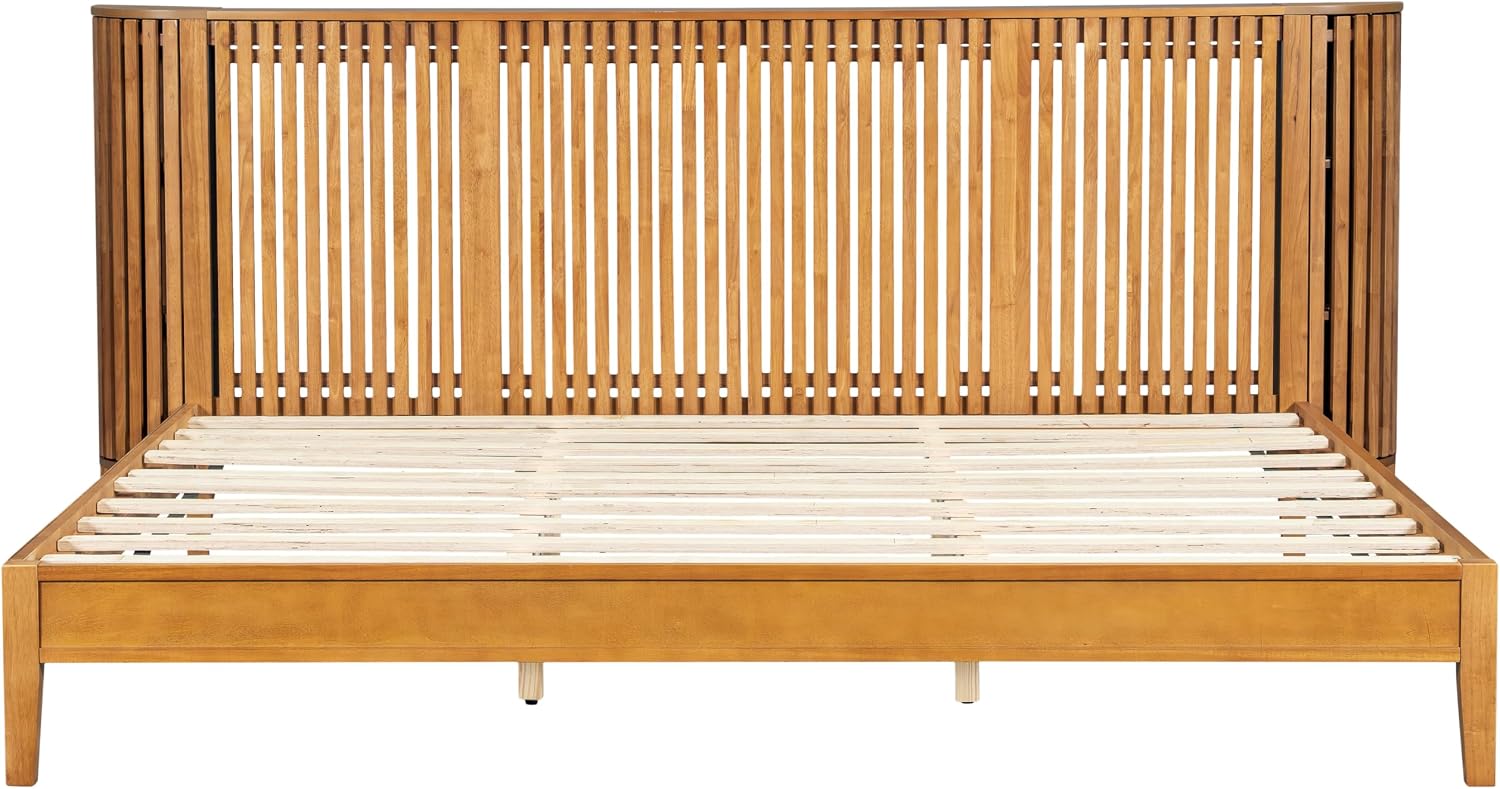 King Solid Wood Platform Bed Frame with Slat Headboard & Side Storage Cabinets, No Box Spring Needed, Modern Bedroom Bed with Display Shelf