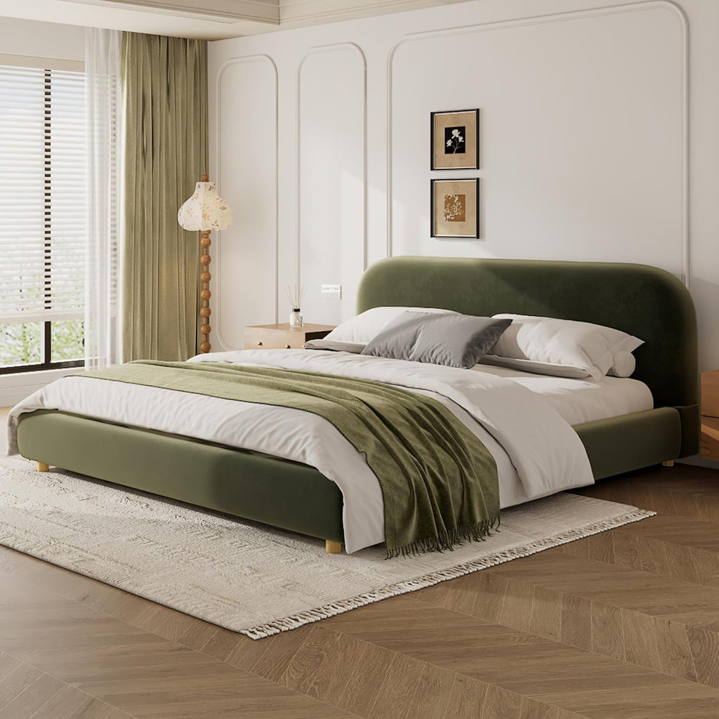 Boucle Upholstered Platform Bed Frame with Soft Headboard, Metal & Wood Slat Support Bed, No Box Spring Needed, Easy Assembly Bedroom Bed Frame