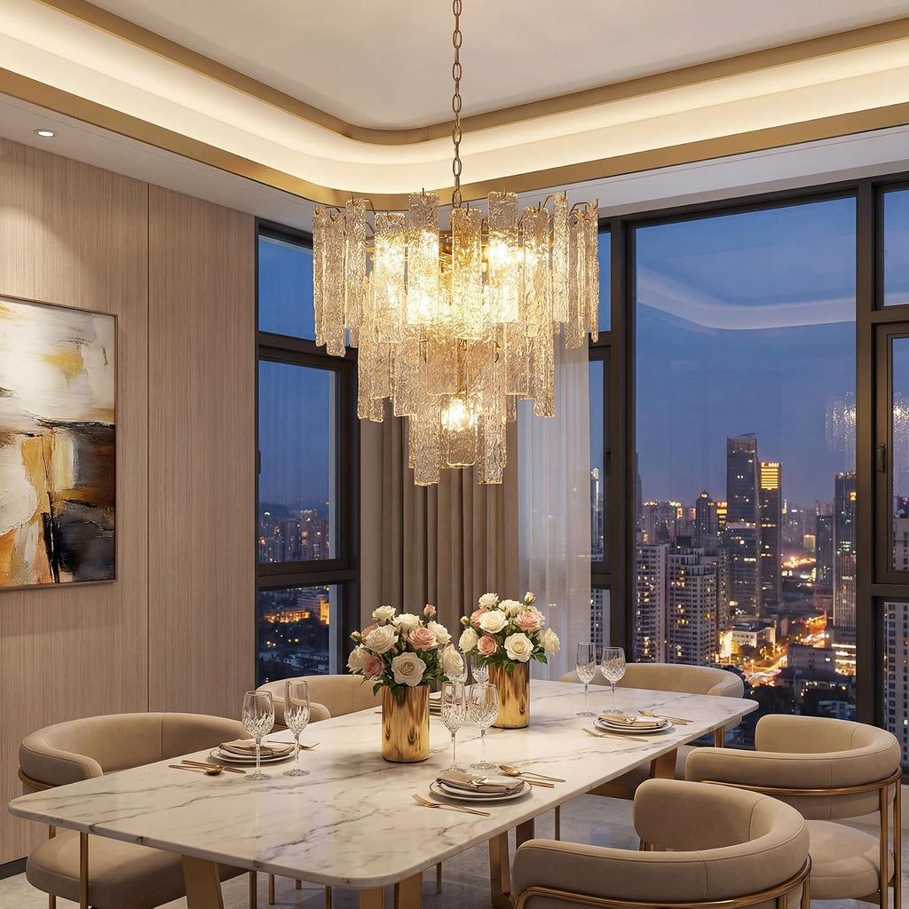 Tiered Modern Chandelier Light with Ripple Glass Shades, Gold Finish Pendant Ceiling Fixture for Dining Room, Living Room & Entryway