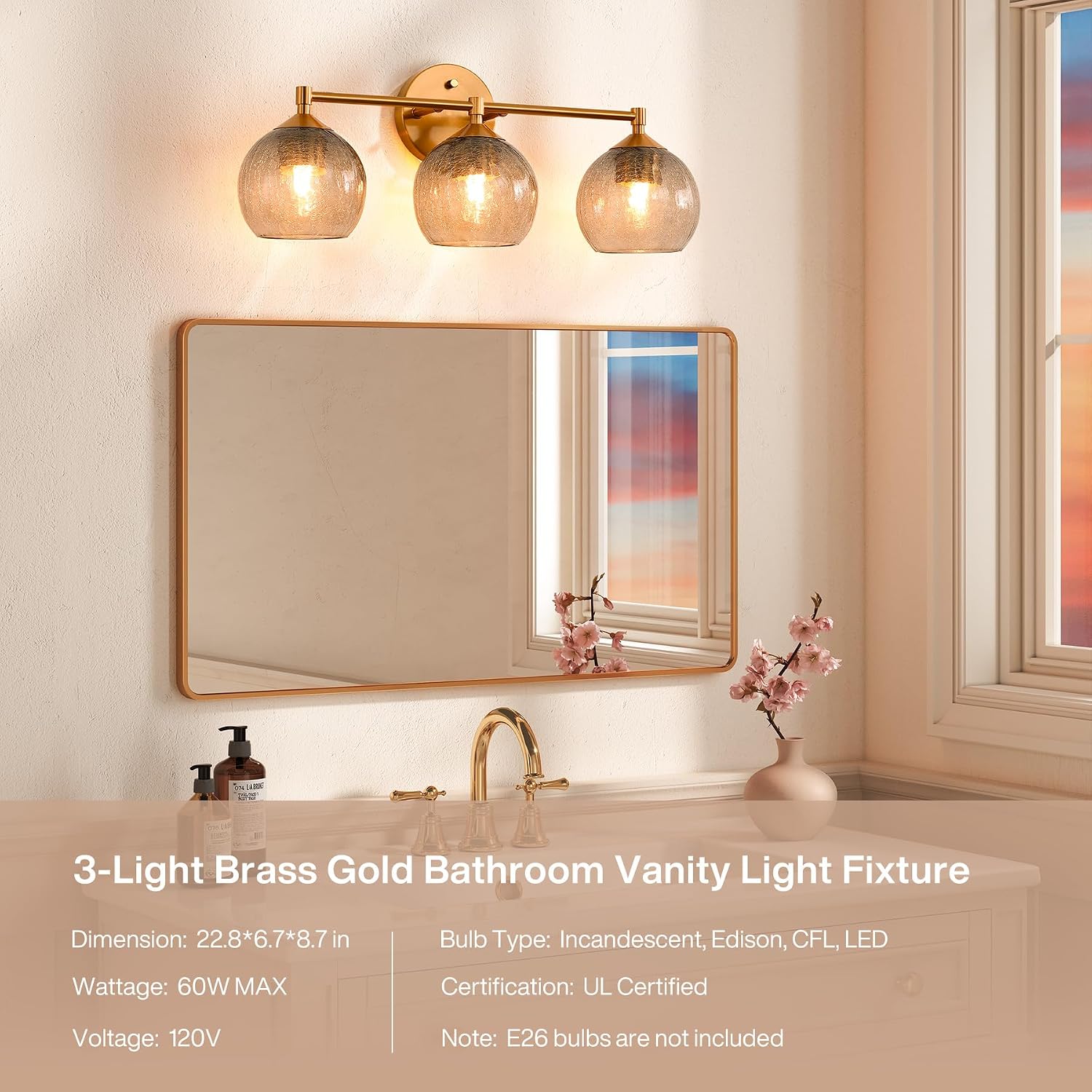 Bathroom Vanity Wall Sconce with Glass Shade, Brushed Nickel Wall Light Fixture, Up & Down Mount Lighting for Bathroom, Bedroom, Hallway & Living Room, E26 Base