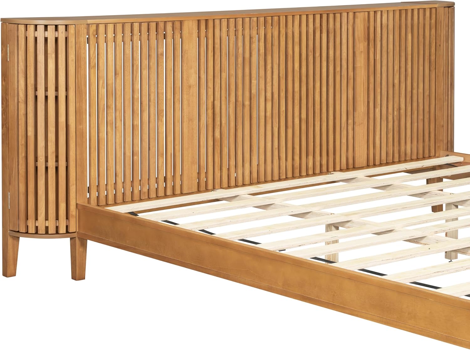 King Solid Wood Platform Bed Frame with Slat Headboard & Side Storage Cabinets, No Box Spring Needed, Modern Bedroom Bed with Display Shelf