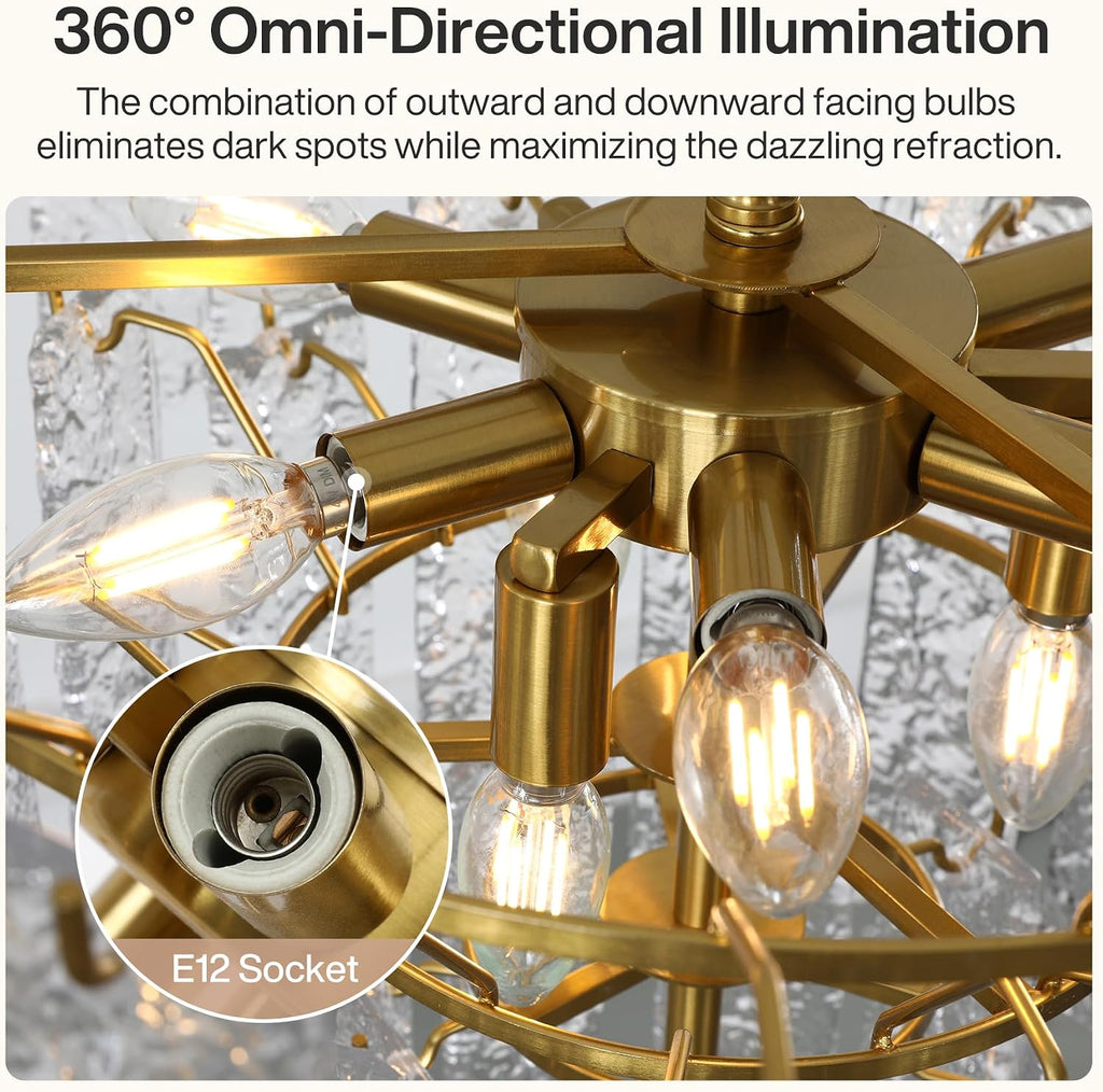 Tiered Modern Chandelier Light with Ripple Glass Shades, Gold Finish Pendant Ceiling Fixture for Dining Room, Living Room & Entryway