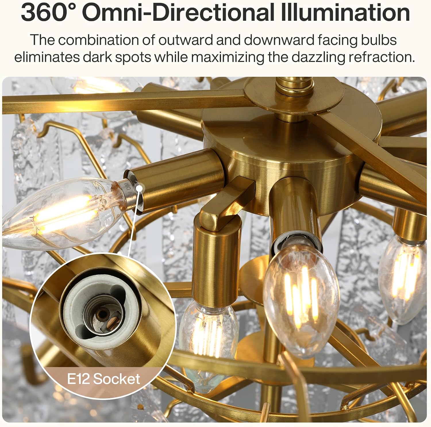 Tiered Modern Chandelier Light with Ripple Glass Shades, Gold Finish Pendant Ceiling Fixture for Dining Room, Living Room & Entryway