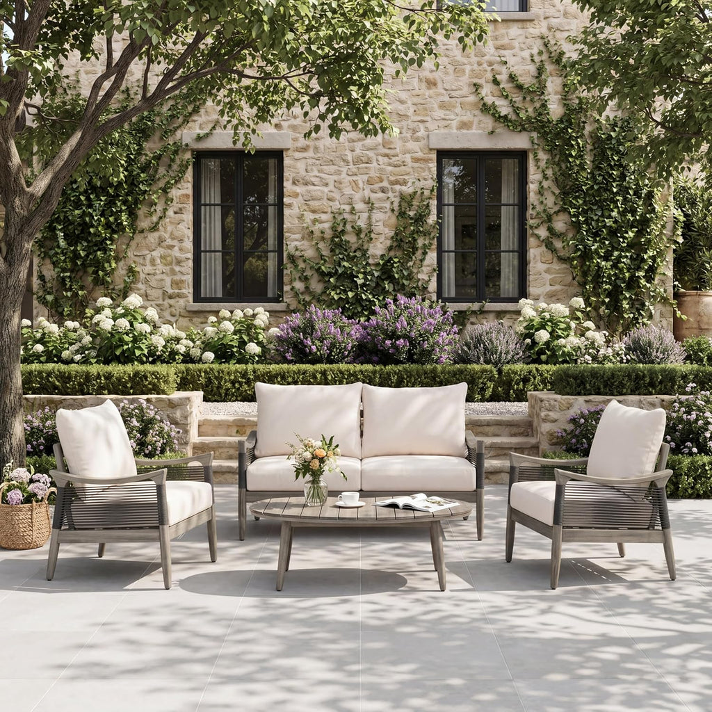 Acacia Wood Patio Conversation Set with Rope Woven Chairs & Loveseat, Outdoor Sofa Set with Arc Coffee Table & Cushions for Patio, Garden & Balcony