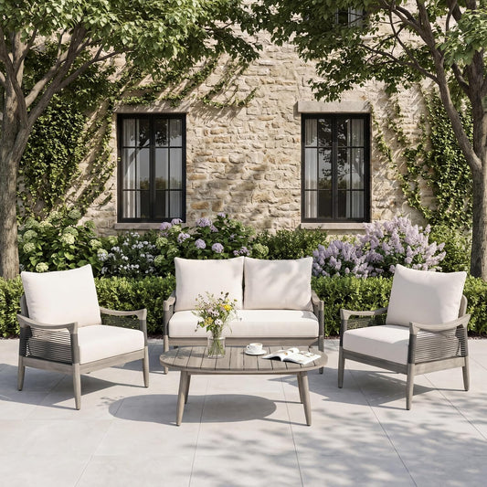 Acacia Wood Patio Conversation Set with Rope Woven Chairs & Loveseat, Outdoor Sofa Set with Arc Coffee Table & Cushions for Patio, Garden & Balcony