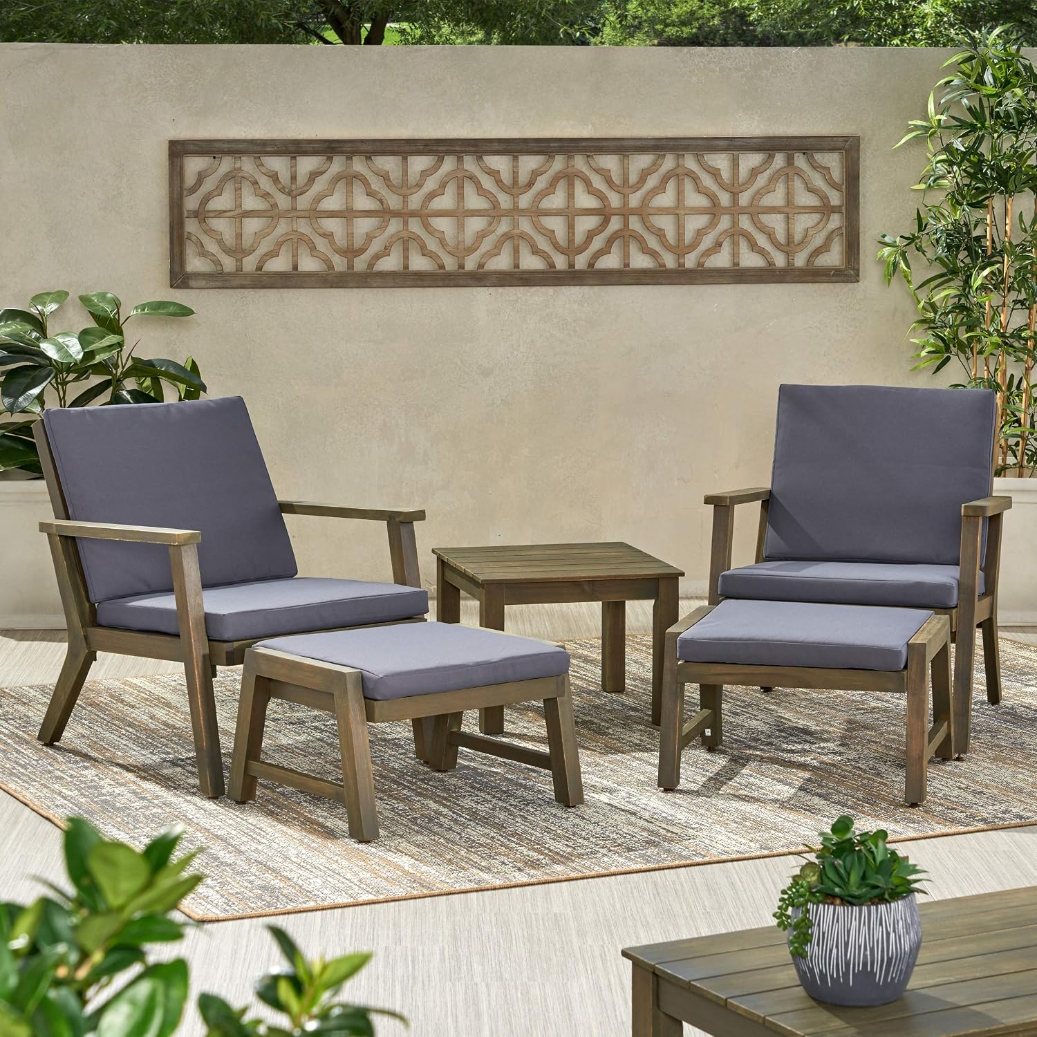 Mid-Century Modern 5-Piece Acacia Wood Patio Furniture Set with Chairs, Ottomans & Side Table, Outdoor Seating Set for Patio, Garden & Deck