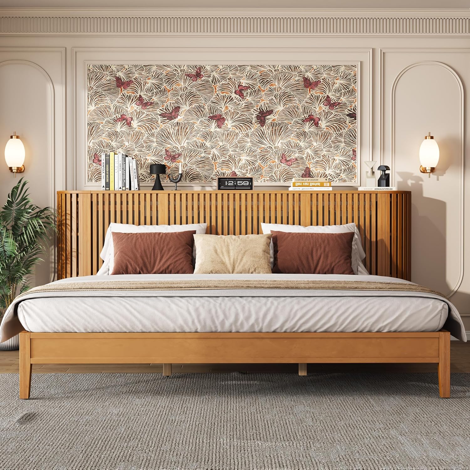 King Solid Wood Platform Bed Frame with Slat Headboard & Side Storage Cabinets, No Box Spring Needed, Modern Bedroom Bed with Display Shelf