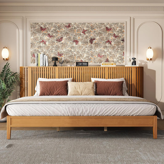 King Solid Wood Platform Bed Frame with Slat Headboard & Side Storage Cabinets, No Box Spring Needed, Modern Bedroom Bed with Display Shelf
