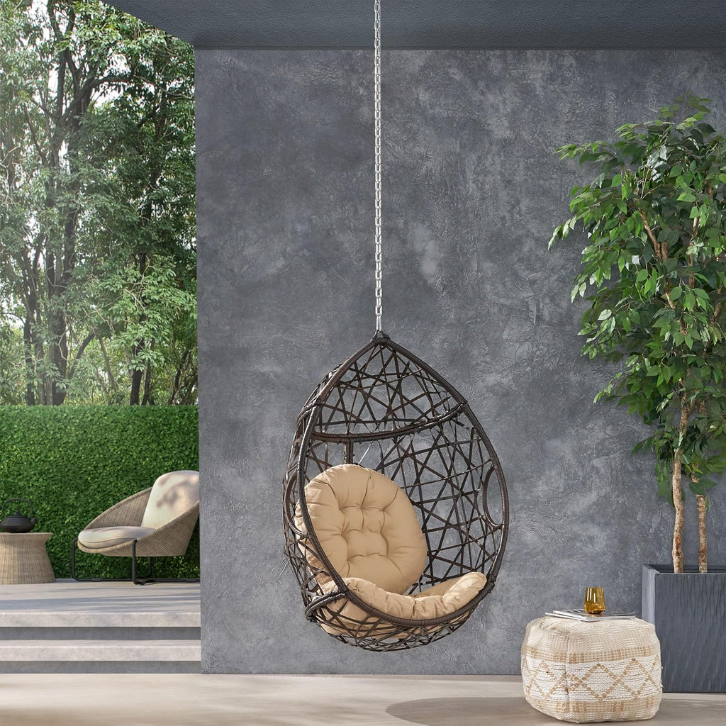 Teardrop Hanging Egg Chair with Cushion, Outdoor Indoor Rattan Swing Chair with Chain, Patio Porch Hammock Chair for Balcony Garden Bedroom
