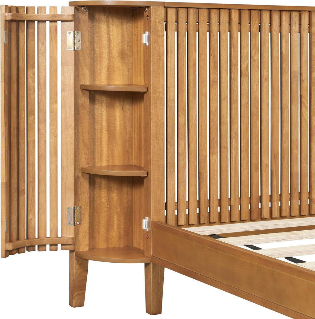 King Solid Wood Platform Bed Frame with Slat Headboard & Side Storage Cabinets, No Box Spring Needed, Modern Bedroom Bed with Display Shelf