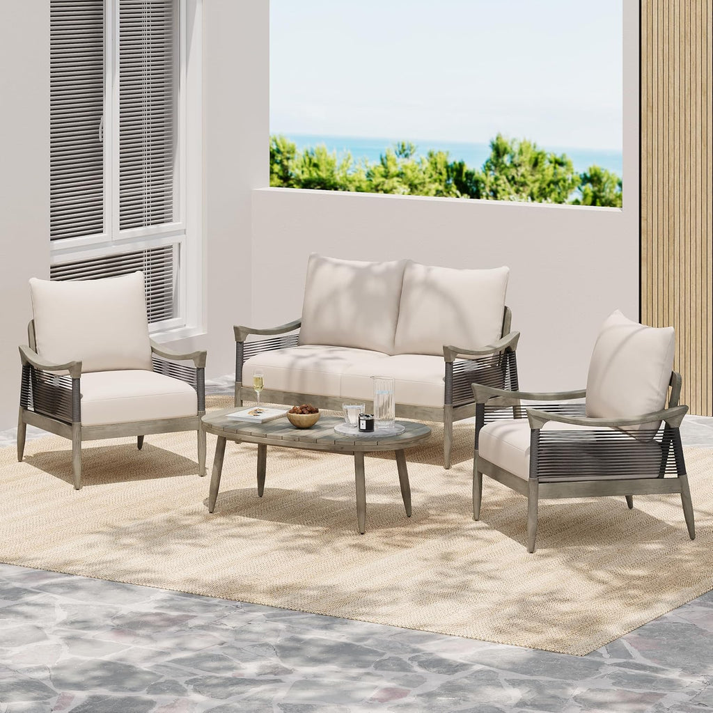 Acacia Wood Patio Conversation Set with Rope Woven Chairs & Loveseat, Outdoor Sofa Set with Arc Coffee Table & Cushions for Patio, Garden & Balcony