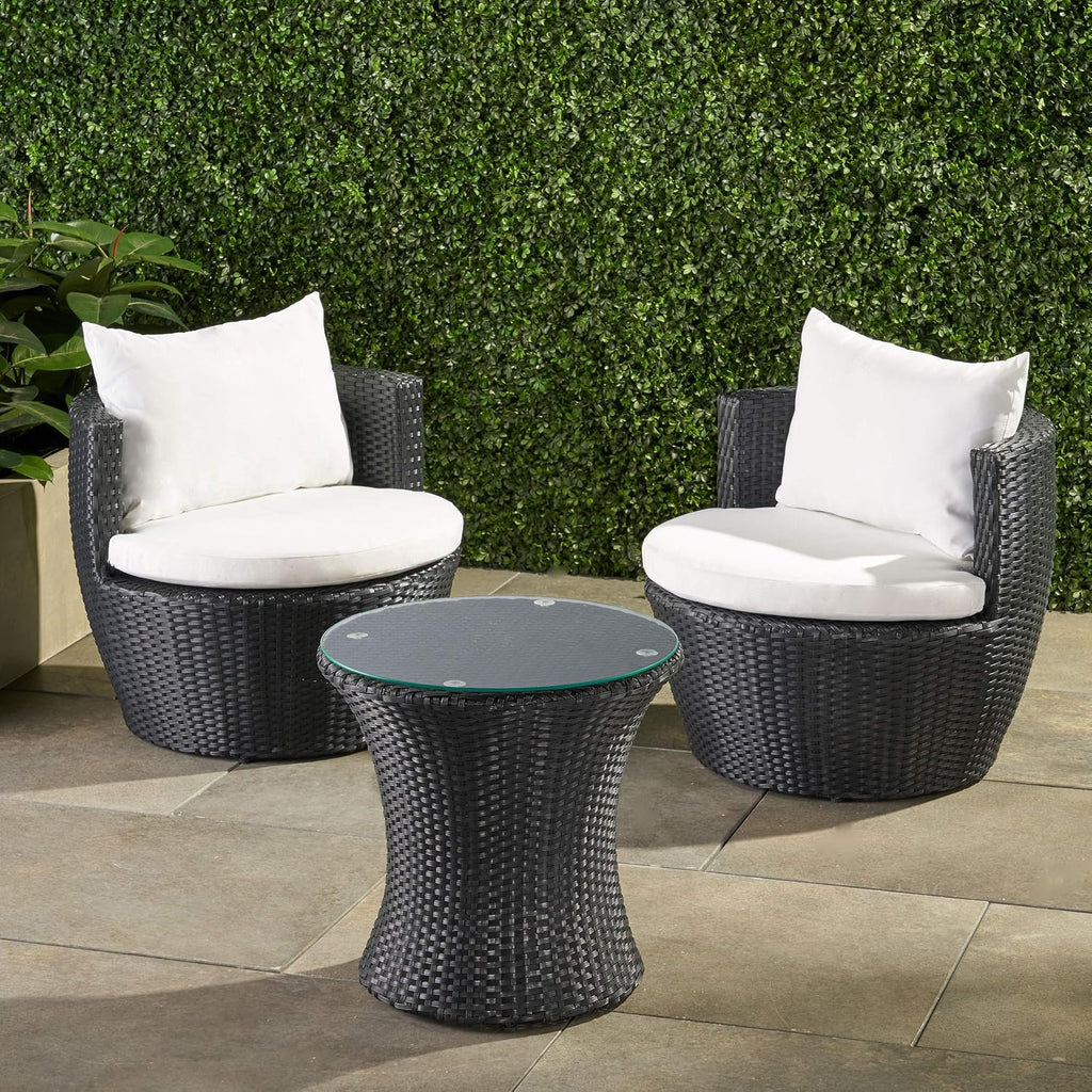 Outdoor PE Wicker Patio Chairs Set with Cushions & Table, Ready-to-Use Backyard Seating Set, Black Frame with White Cushions, No Assembly Required