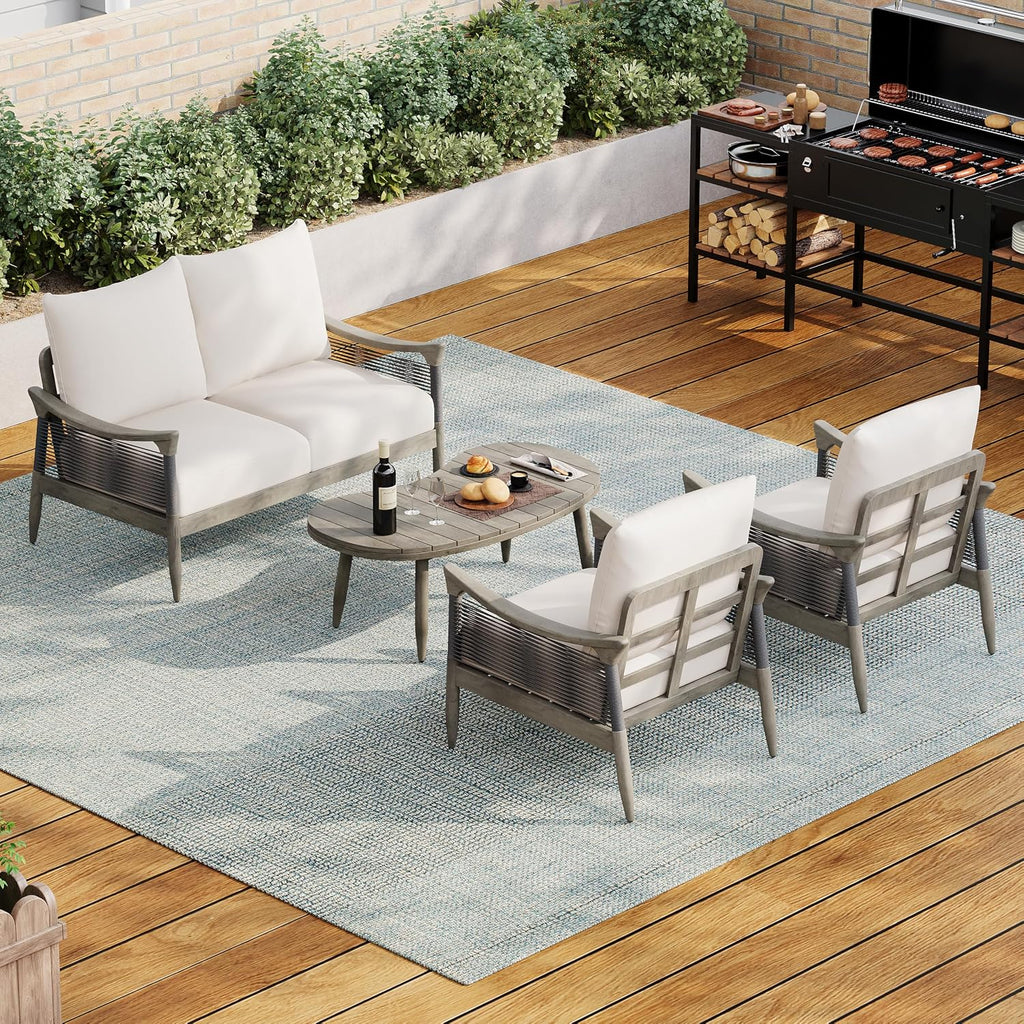 Acacia Wood Patio Conversation Set with Rope Woven Chairs & Loveseat, Outdoor Sofa Set with Arc Coffee Table & Cushions for Patio, Garden & Balcony