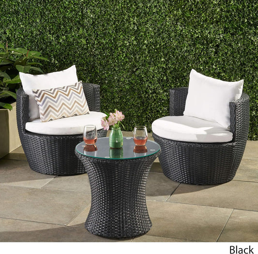 Outdoor PE Wicker Patio Chairs Set with Cushions & Table, Ready-to-Use Backyard Seating Set, Black Frame with White Cushions, No Assembly Required