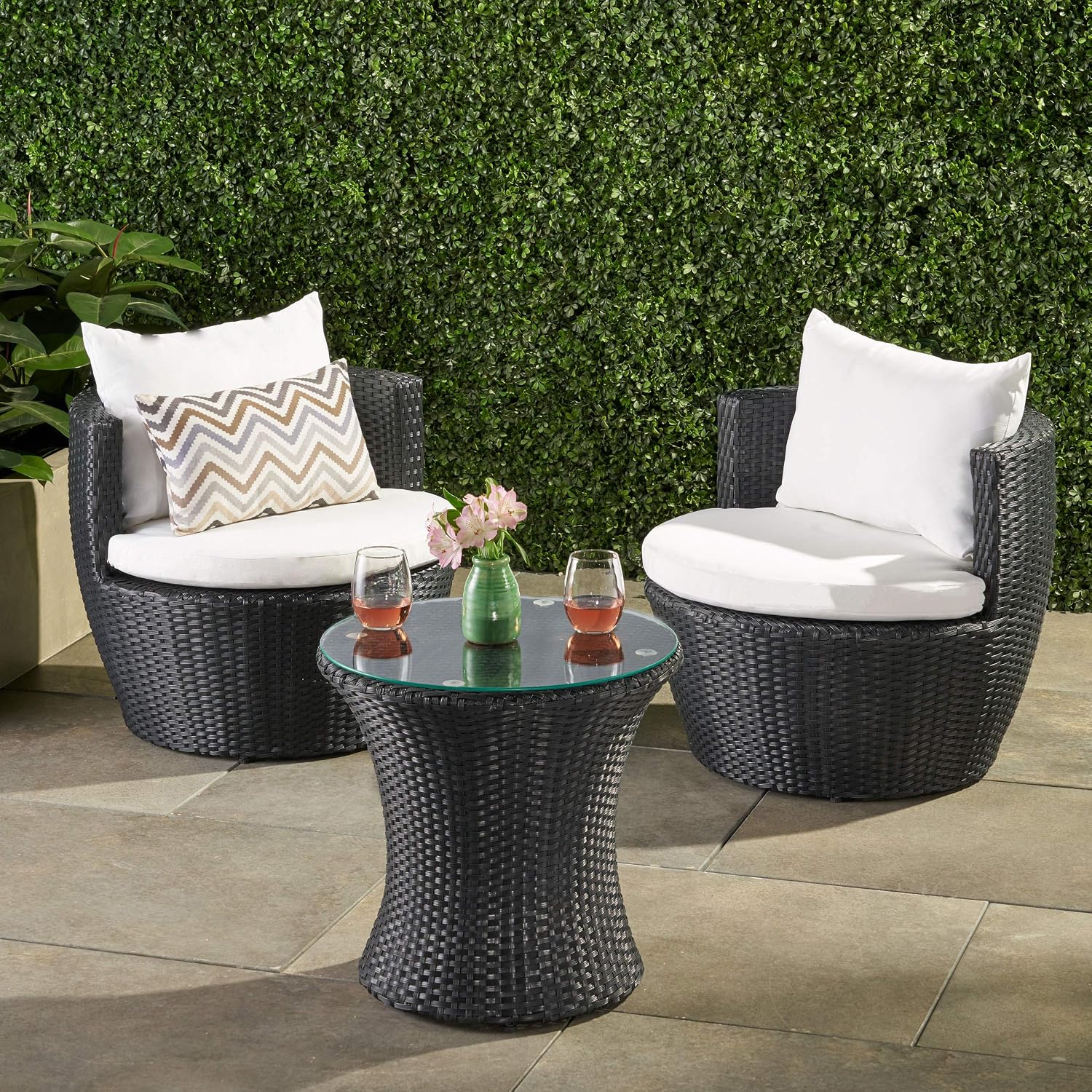 Outdoor PE Wicker Patio Chairs Set with Cushions & Table, Ready-to-Use Backyard Seating Set, Black Frame with White Cushions, No Assembly Required